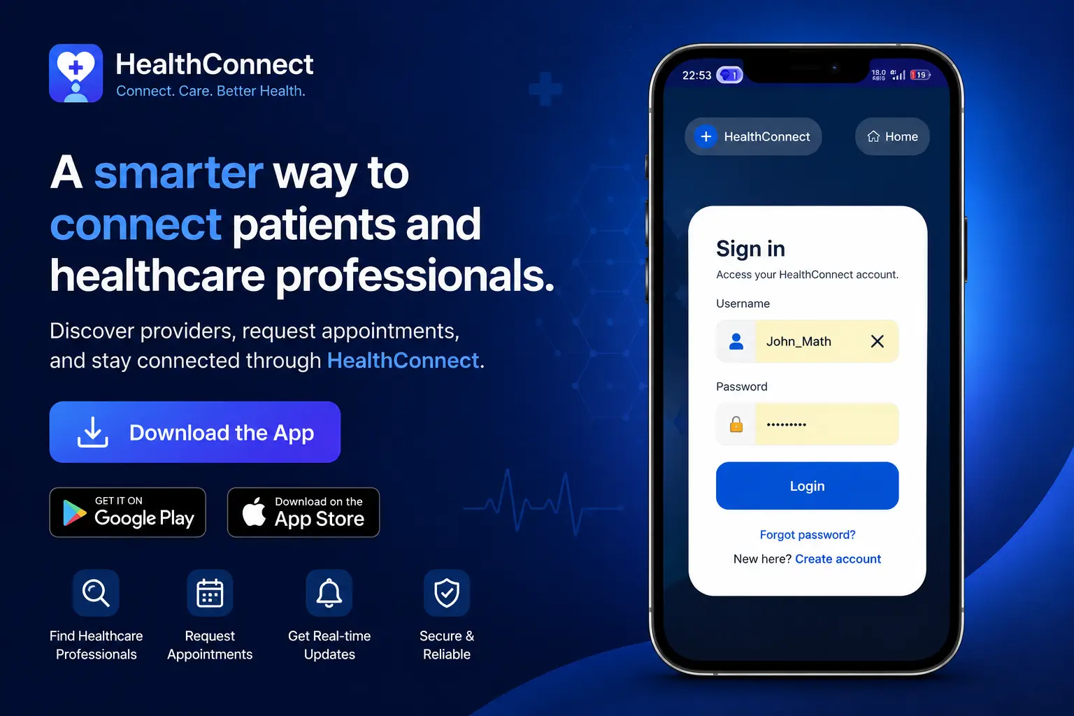 HealthConnect mobile app preview showing patient sign in, provider discovery, appointment requests, and healthcare connection features
